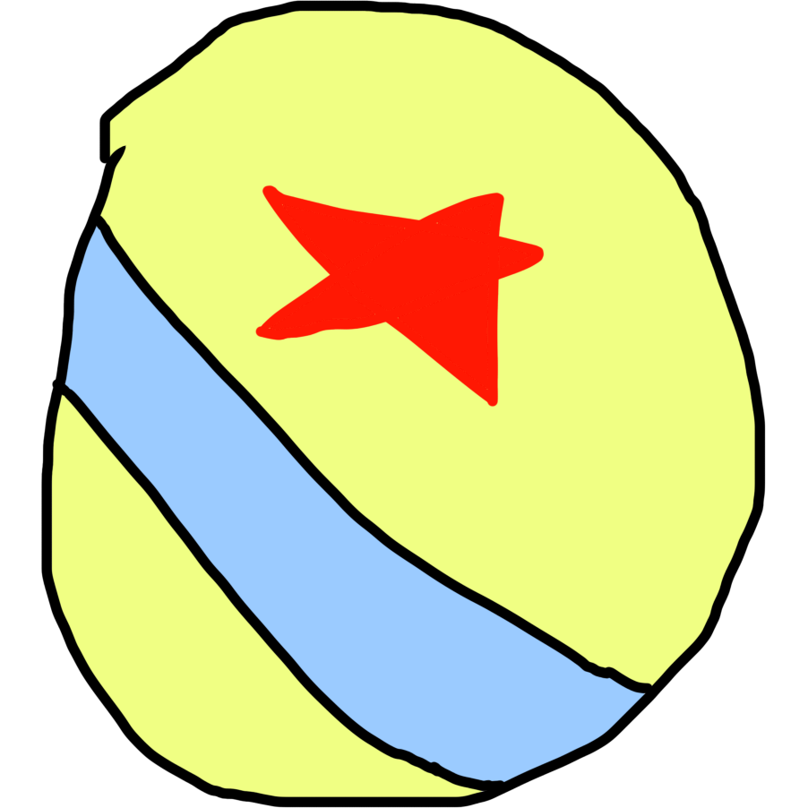 blue and yellow ball with a red star on it.